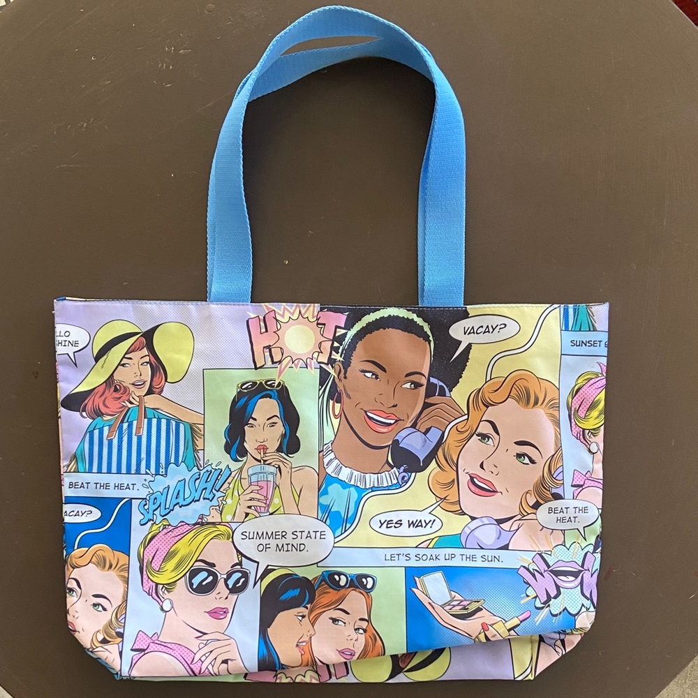 Ester Lauder Comic Print Tote Bag with Blue Handles